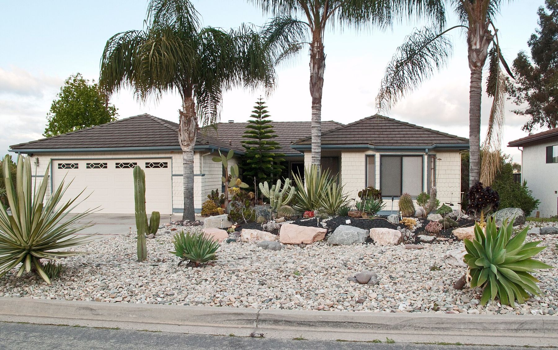 A finished desert front yard with cactus, agave and white river rock